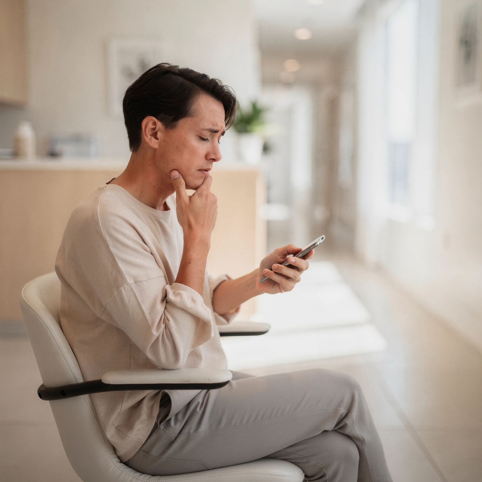 Man in dental office waiting room holding phone with hand to face, appearing concerned about tooth pain